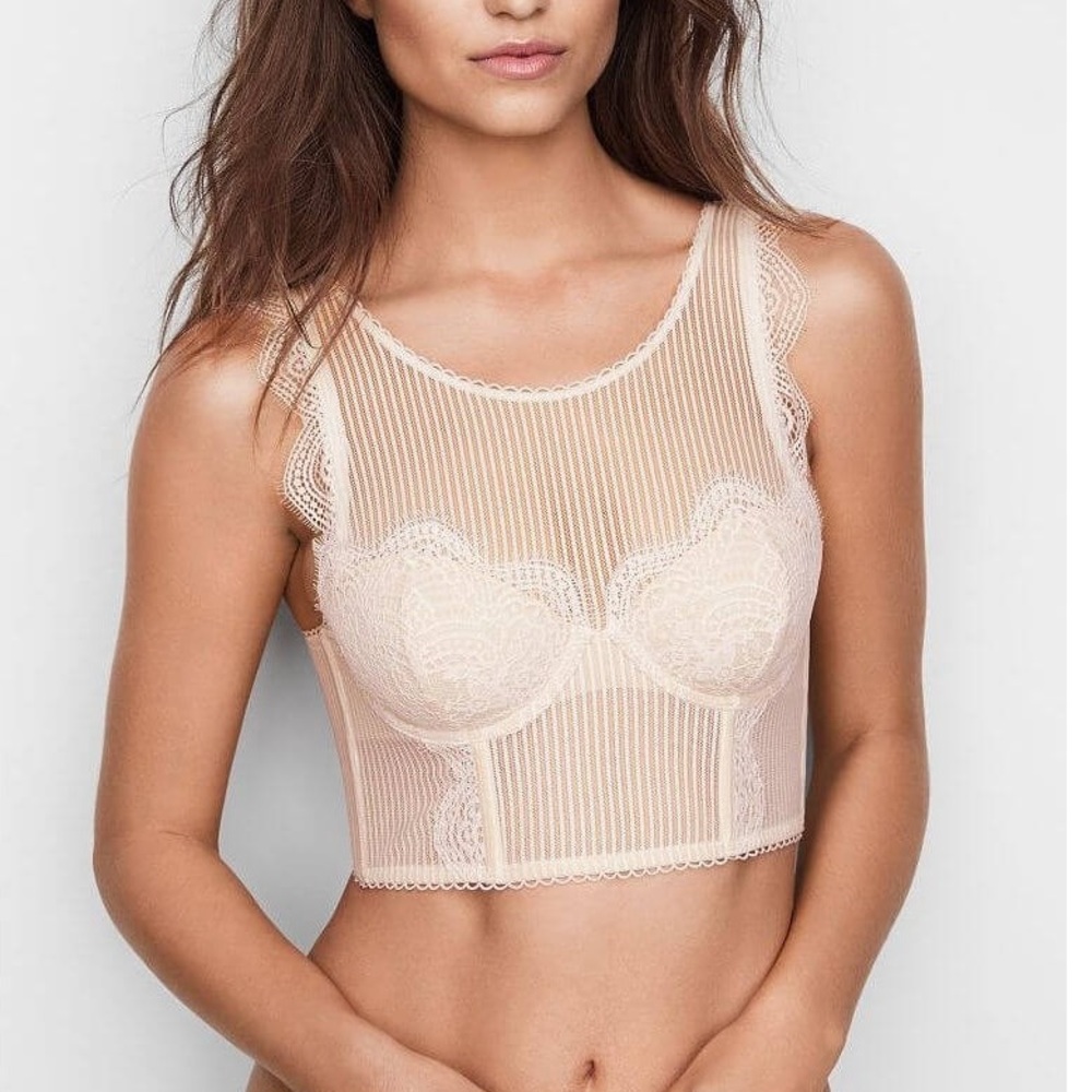 Victoria’s Secret Dream Angels Floral Lace & Striped White Bra Top Lined 36B